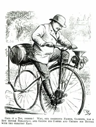 Cartone animato che prende in giro i primi giorni delle biciclette